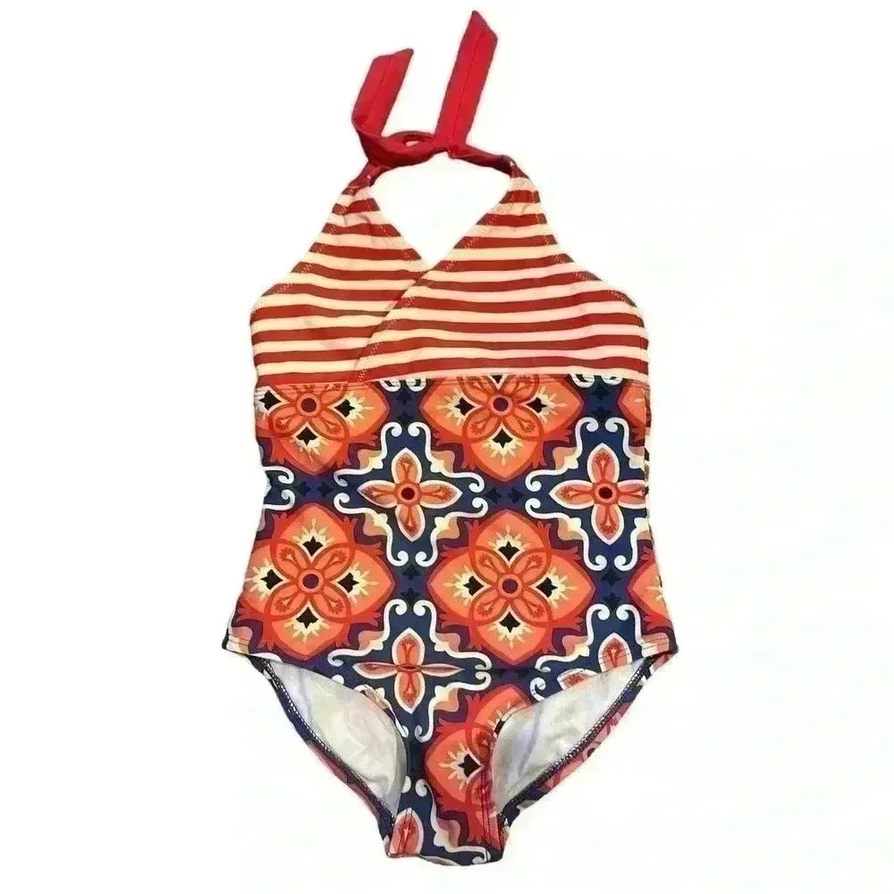 Girls Tea Collection Orange Blue Striped One-Piece Keyhole Swimsuit Size 6